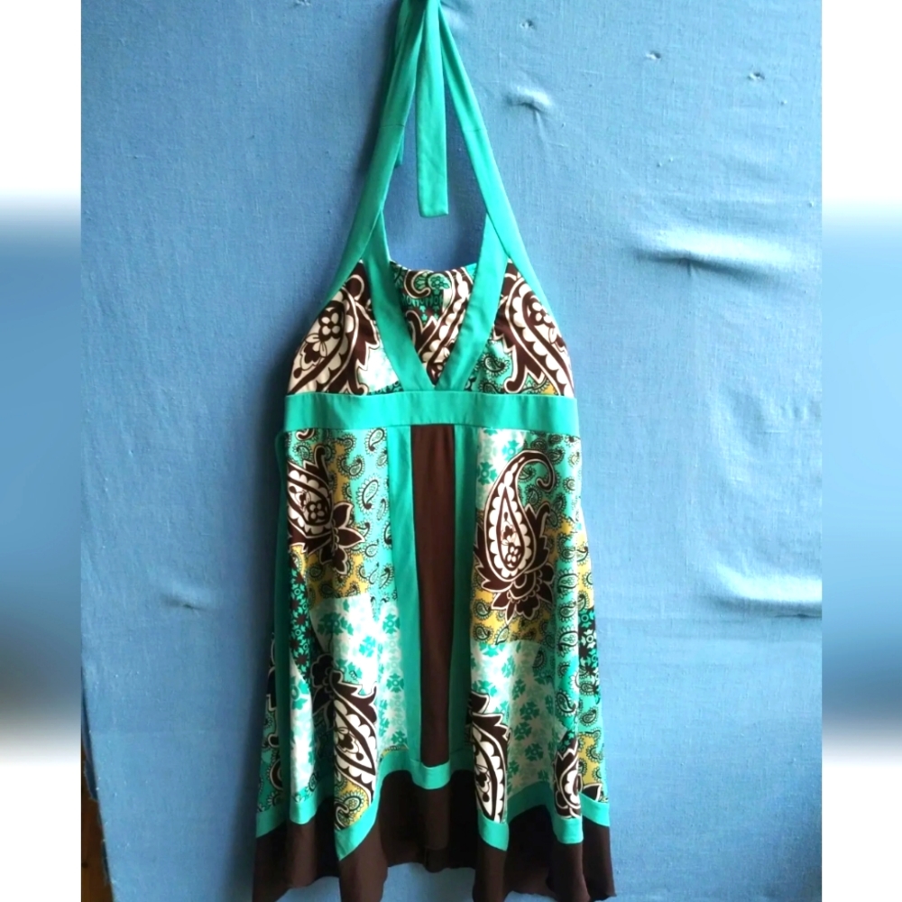Disorderly Kids Women's Size 12 Teal Brown Halter Dress q1